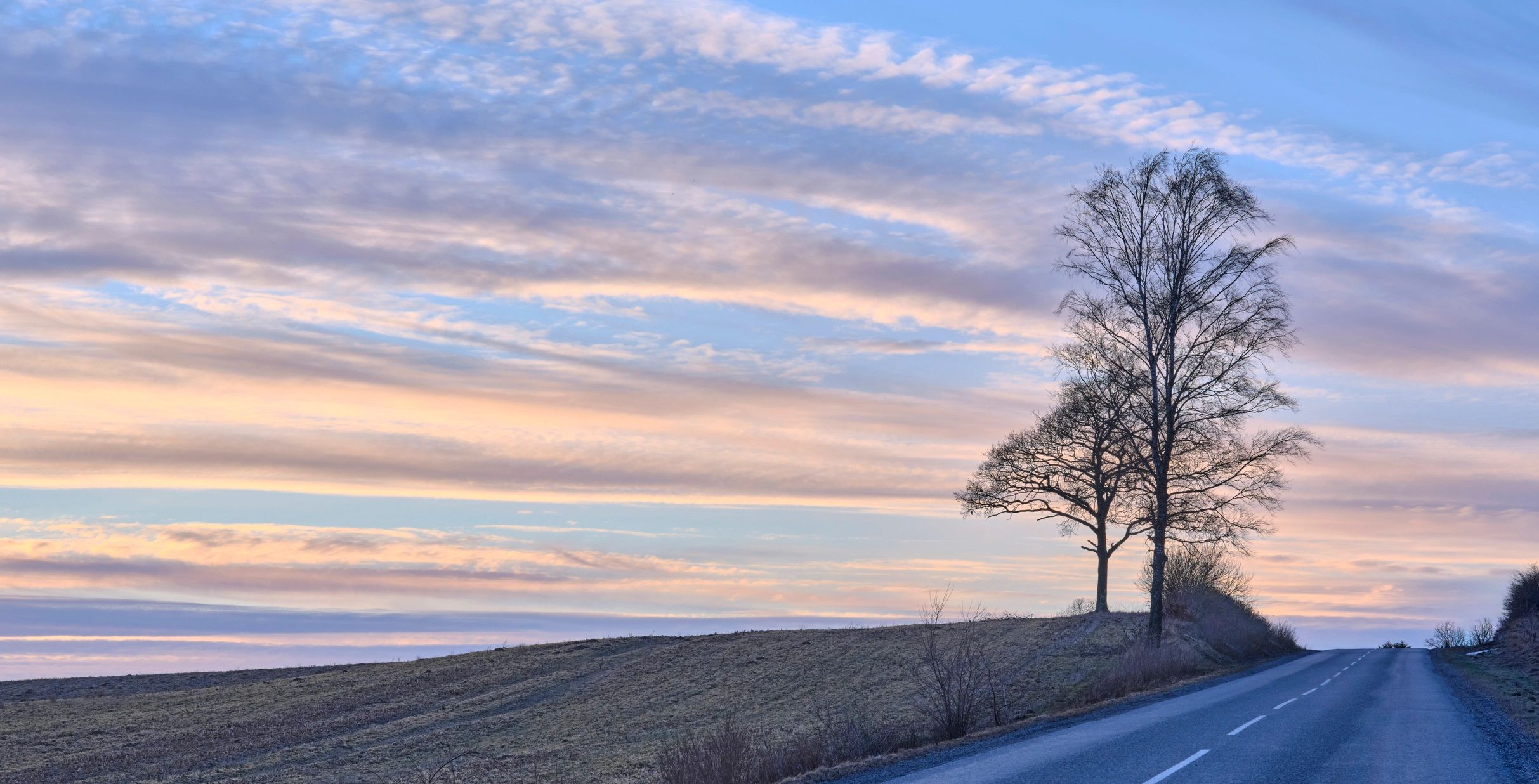 Calm sunrise landscape with an open road